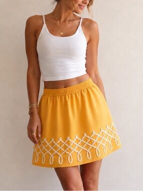 Girls From Savoy Mustard Linen Cotton Embroidered Skirt Boho Glee Quinn